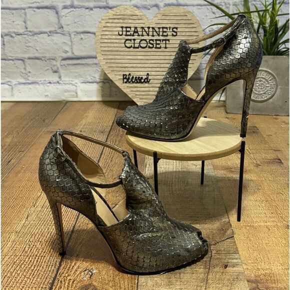 M.Gemi Curvi Silver Peep Toe Heels metallic snake skin stiletto - Picture 3 of 13